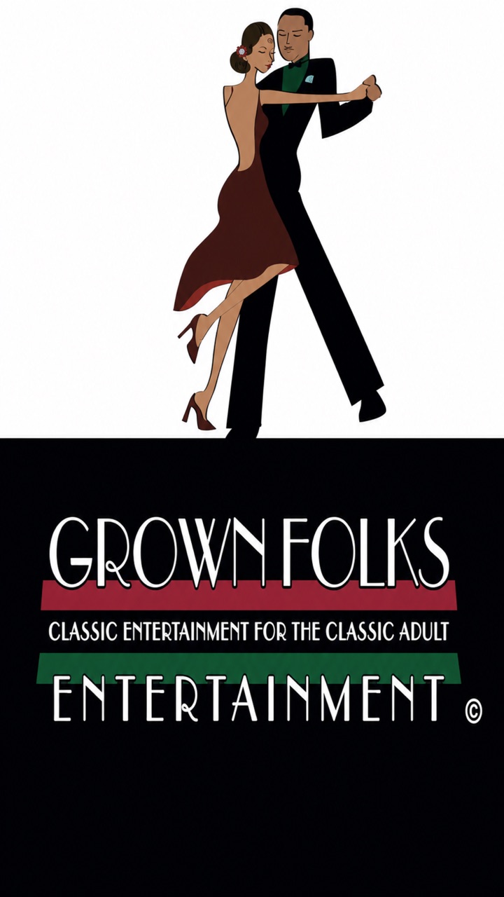 Grown Folks Entertainment logo featuring an elegantly dressed dancing couple