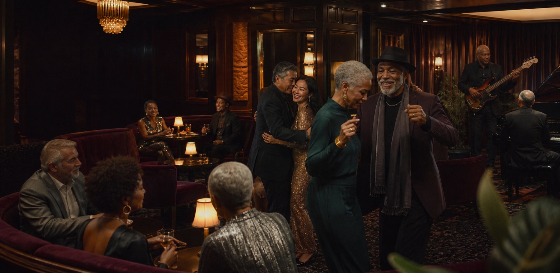 A diverse group of stylish older adults dancing and enjoying an elegant R&B lounge