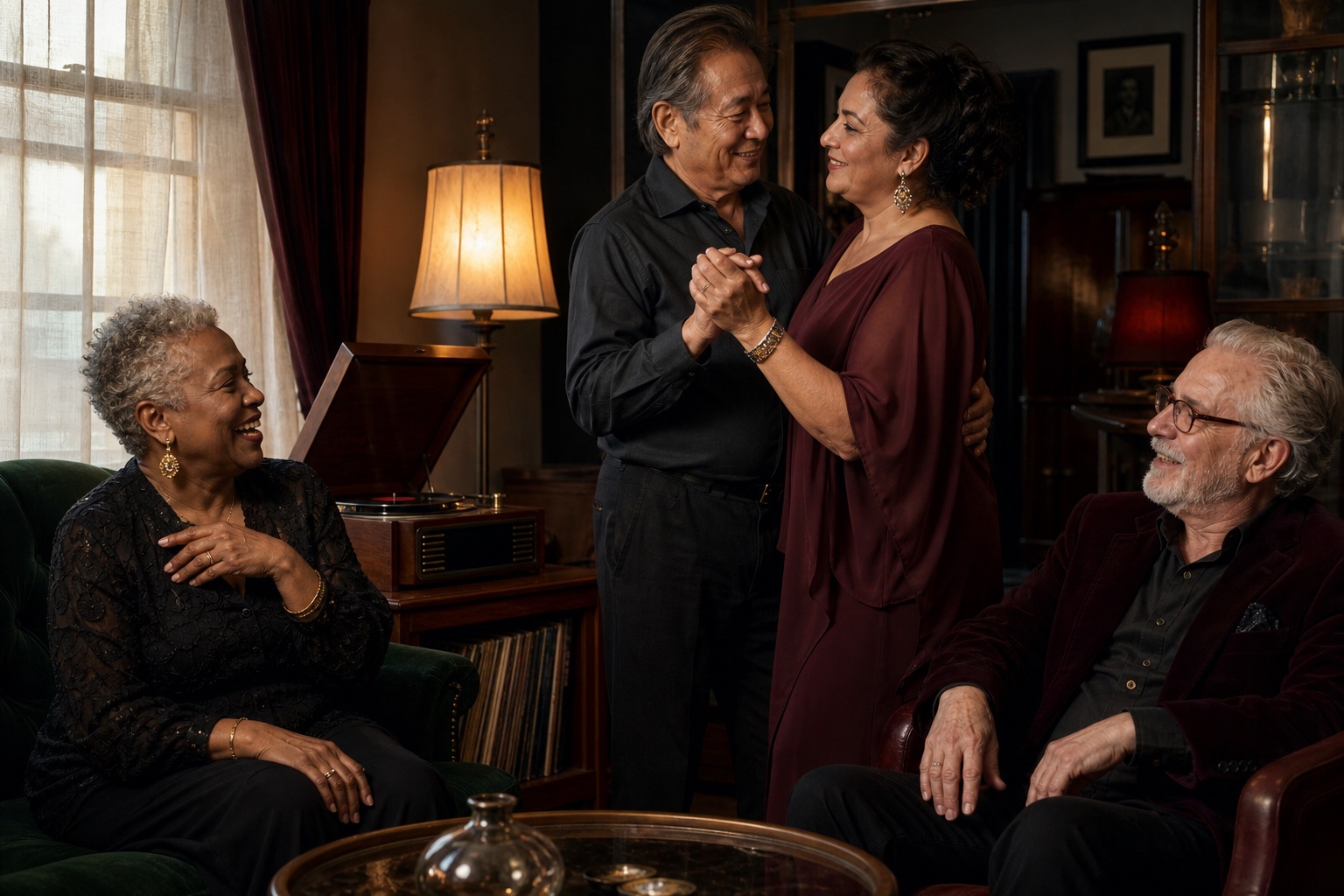 Four diverse older friends sharing music while a couple slow dances